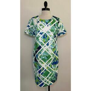 VINCE CAMUTO Blue Green Floral Lined Mini Dress Round Neck Career Womens L